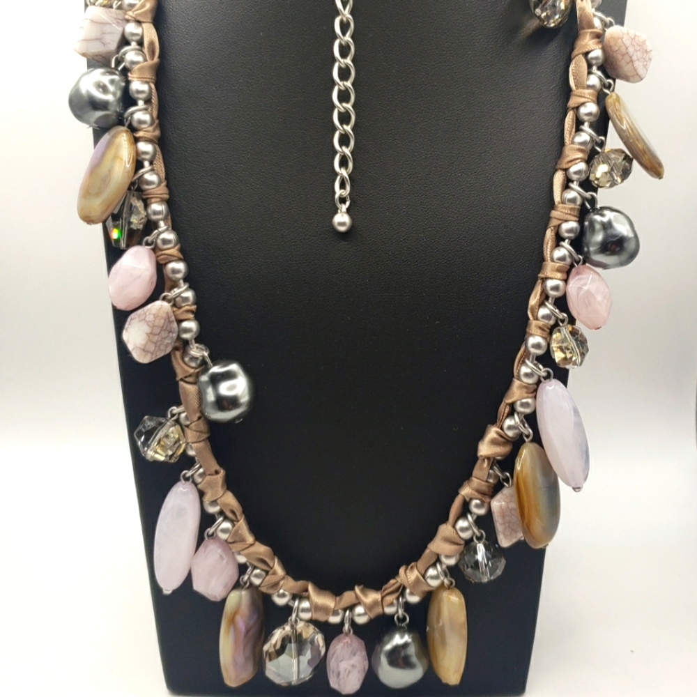 Chico's Long Stone Bead Pearl Ribbon Necklace
